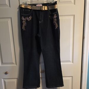 Embroidered Black Jeans with Gold Accents